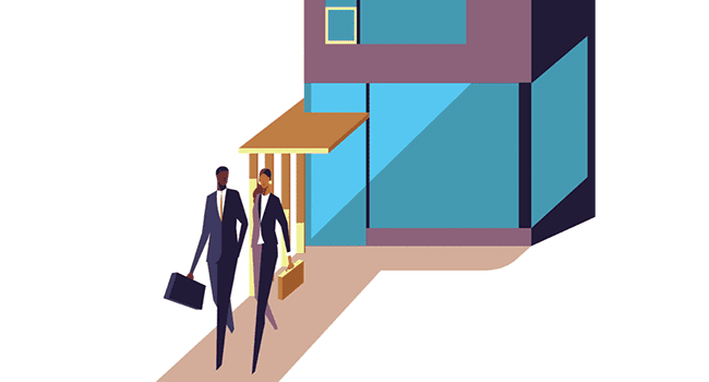 An illustration of two business people walking down the road