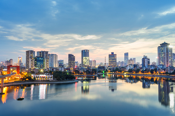 A modern city centre skyscape at dusk