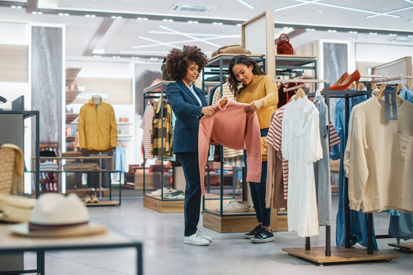 Two people looking at clothes in a clothes store